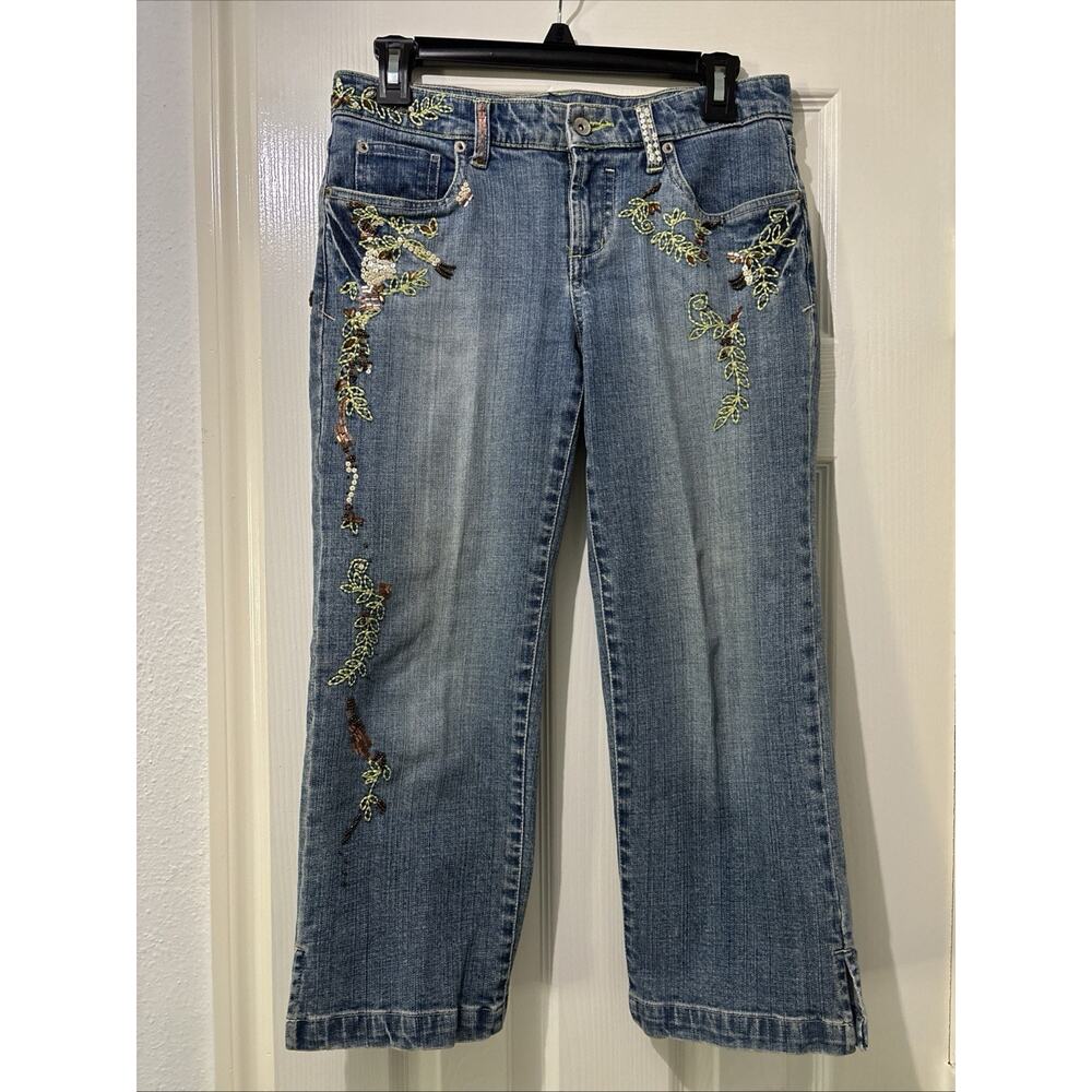 Jenni n Jess Embroidered Jeans Size 2 Capri Beads Sequins Side Slits Low Rise